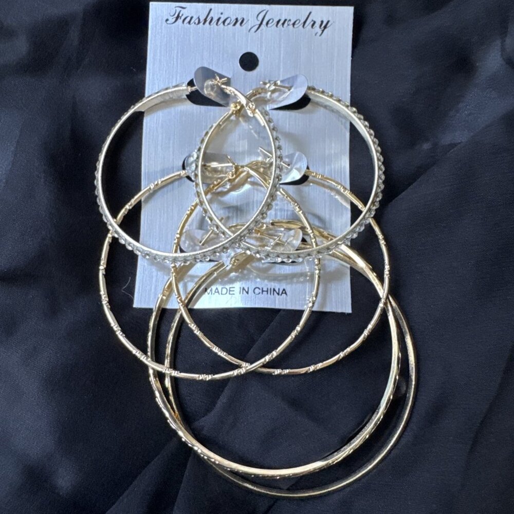 3 Sets Goldetone CZ Hoop 2 2.5 3 Inch Itched Lightweight Earrings NEW